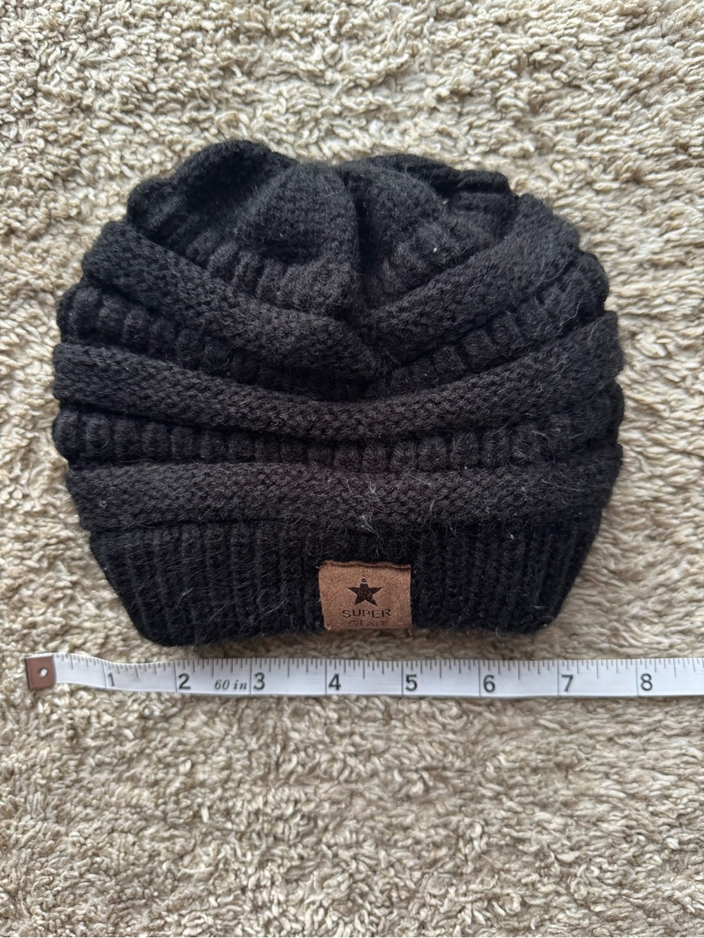 Super Star Black Knit Beanie Hat Acrylic Winter Cap Approx 7 Inch